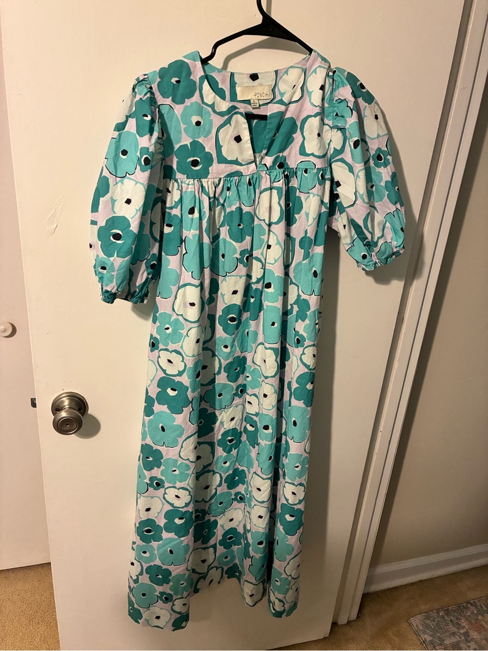 Pinch Floral Puff Sleeve Maxi Dress in Teal and White floral size large